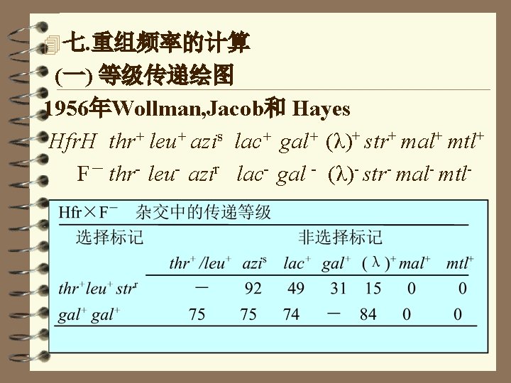 4 七. 重组频率的计算 (一) 等级传递绘图 1956年Wollman, Jacob和 Hayes Hfr. H thr+ leu+ azis lac+