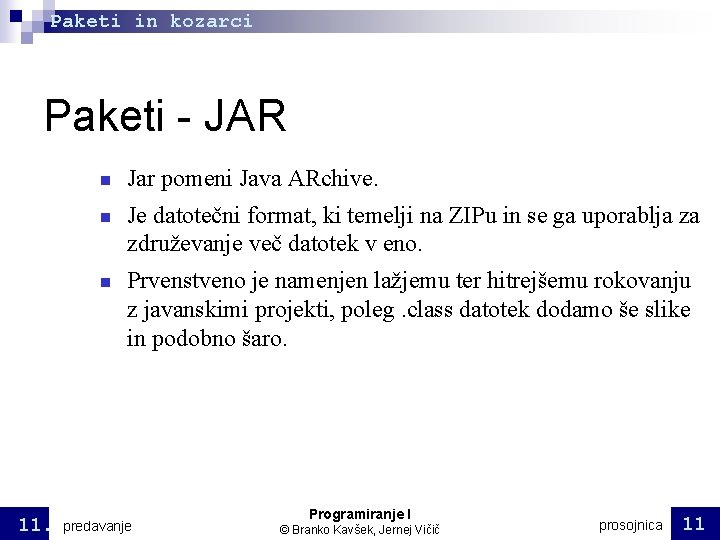 Paketi in kozarci Paketi - JAR 11. Jar pomeni Java ARchive. Je datotečni format, Paketi in kozarci Paketi - JAR 11. Jar pomeni Java ARchive. Je datotečni format,
