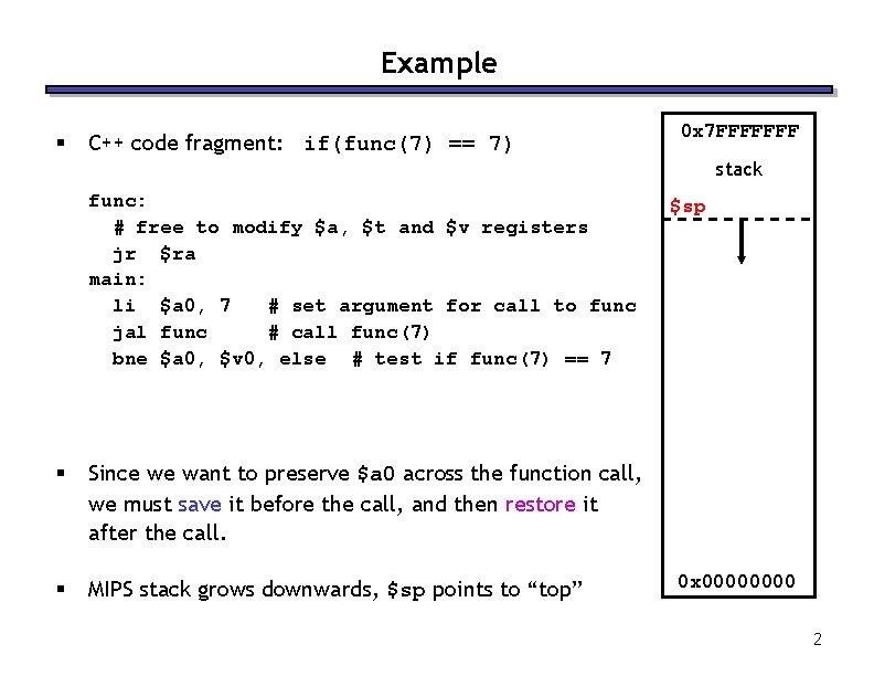 Example § C++ code fragment: if(func(7) == 7) 0 x 7 FFFFFFF stack func: