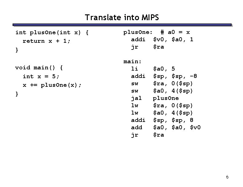 Translate into MIPS int plus. One(int x) { return x + 1; } void