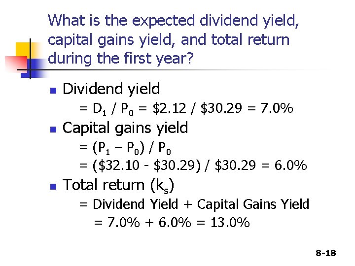 What is the expected dividend yield, capital gains yield, and total return during the