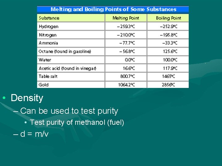  • Density – Can be used to test purity • Test purity of