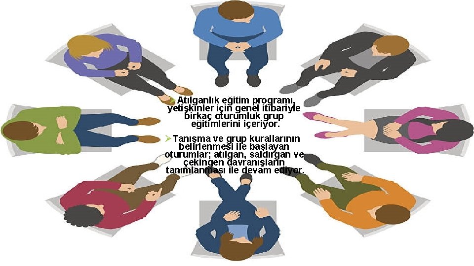 ØAtılganlık eğitim programı, yetişkinler için genel itibariyle birkaç oturumluk grup eğitimlerini içeriyor. ØTanışma ve