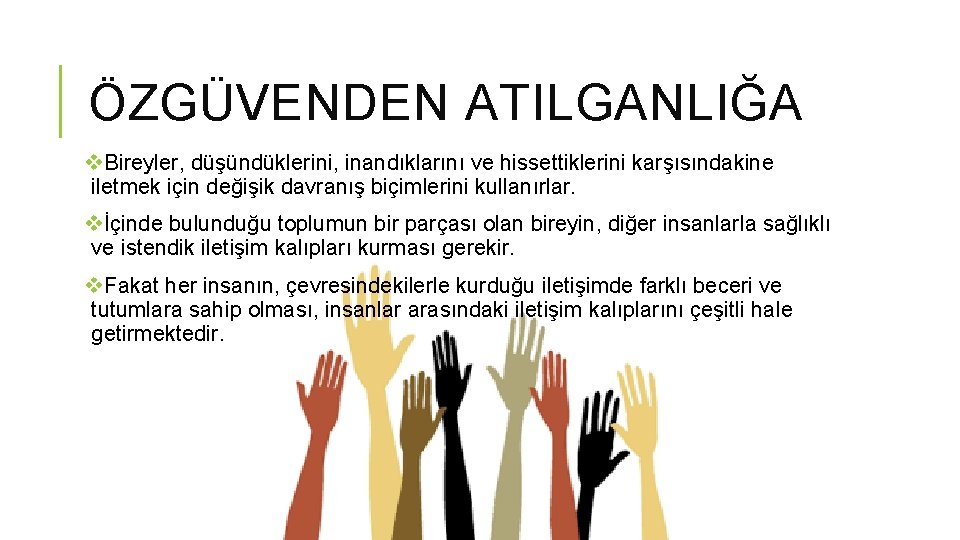 ÖZGÜVENDEN ATILGANLIĞA v. Bireyler, düşündüklerini, inandıklarını ve hissettiklerini karşısındakine iletmek için değişik davranış biçimlerini