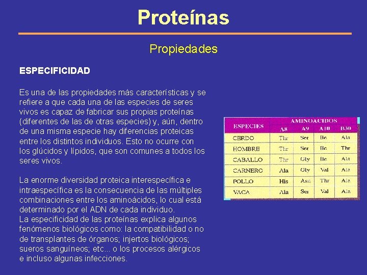 Proteínas Propiedades ESPECIFICIDAD Es una de las propiedades más características y se refiere a