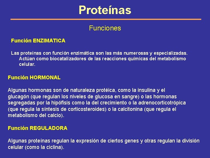 Proteínas Funciones Función ENZIMATICA Las proteínas con función enzimática son las más numerosas y