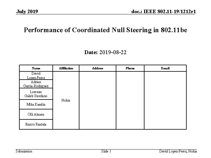 July 2019 doc. : IEEE 802. 11 -19/1212 r 1 Performance of Coordinated Null