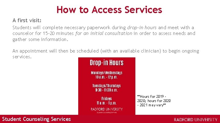 How to Access Services A first visit: Students will complete necessary paperwork during drop-in