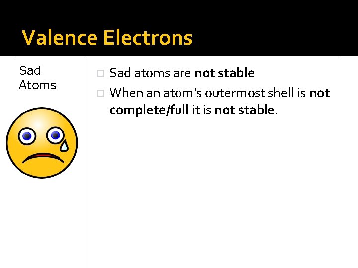 Valence Electrons Sad Atoms Sad atoms are not stable p When an atom's outermost