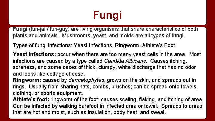 Fungi (fun-jai / fun-guy) are living organisms that share characteristics of both plants and