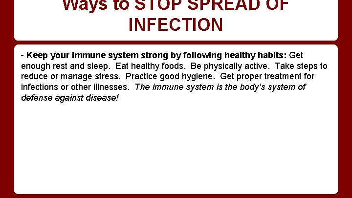 Ways to STOP SPREAD OF INFECTION - Keep your immune system strong by following