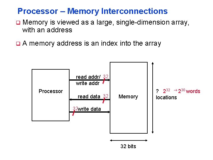 Processor – Memory Interconnections q Memory is viewed as a large, single-dimension array, with