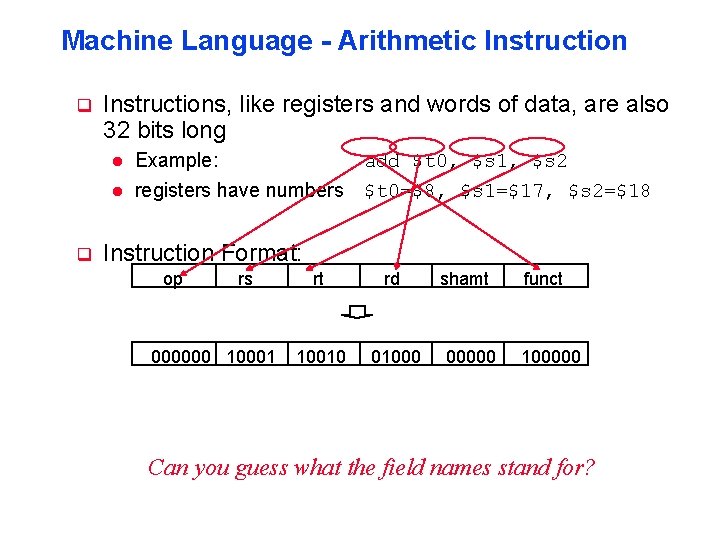 Machine Language - Arithmetic Instruction q Instructions, like registers and words of data, are