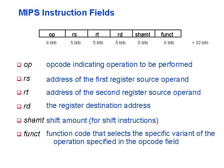 MIPS Instruction Fields op rs rt rd shamt 6 bits 5 bits funct 6