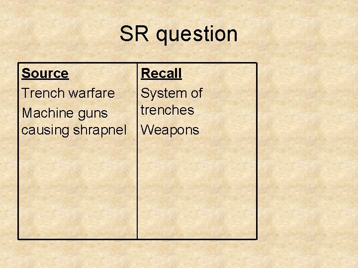 SR question Source Trench warfare Machine guns causing shrapnel Recall System of trenches Weapons