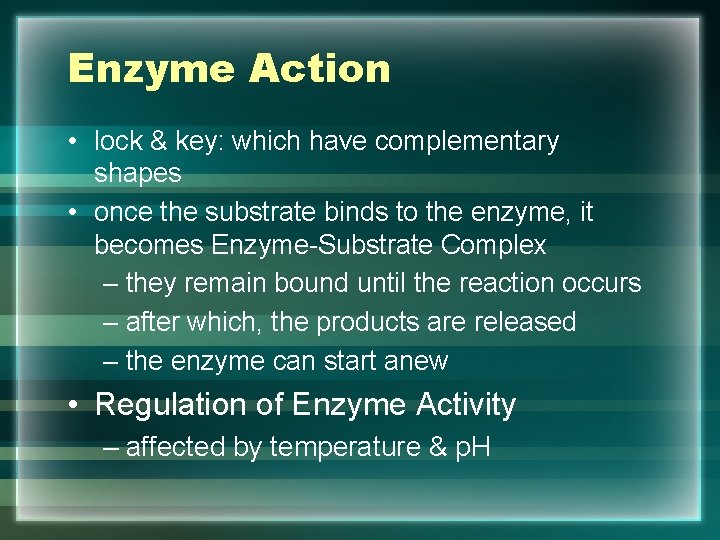 Enzyme Action • lock & key: which have complementary shapes • once the substrate