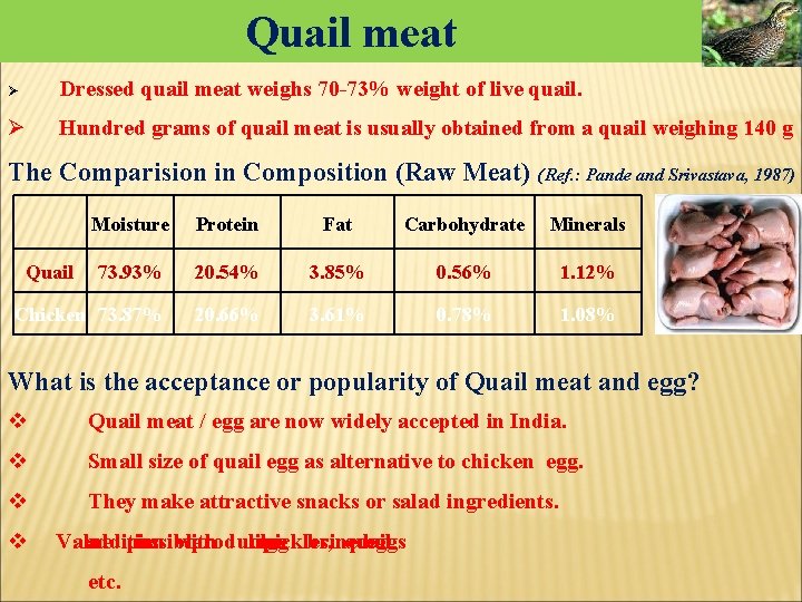 Quail meat Ø Dressed quail meat weighs 70 -73% weight of live quail. Ø Quail meat Ø Dressed quail meat weighs 70 -73% weight of live quail. Ø
