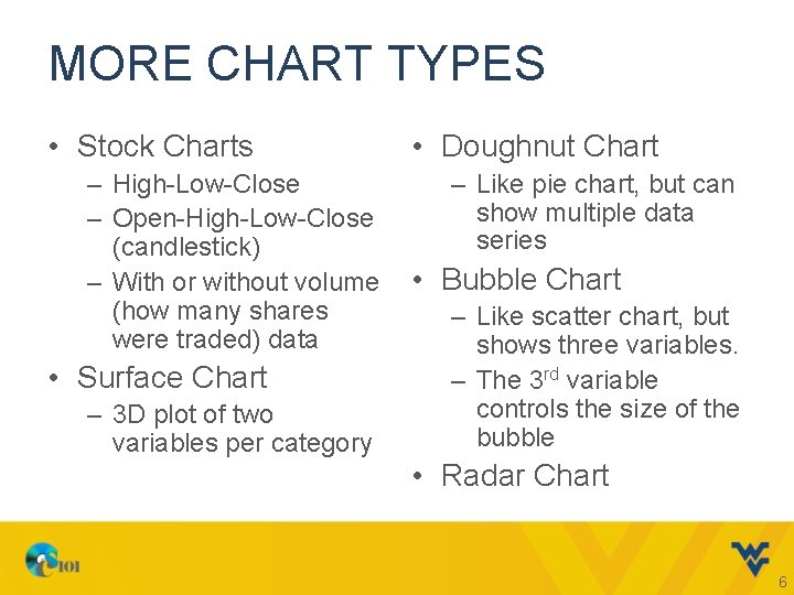MORE CHART TYPES • Stock Charts – High-Low-Close – Open-High-Low-Close (candlestick) – With or
