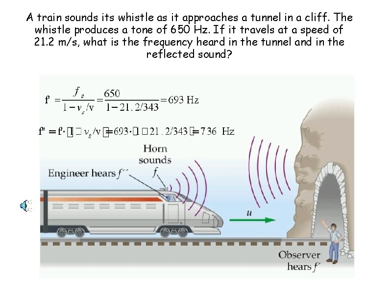 A train sounds its whistle as it approaches a tunnel in a cliff. The