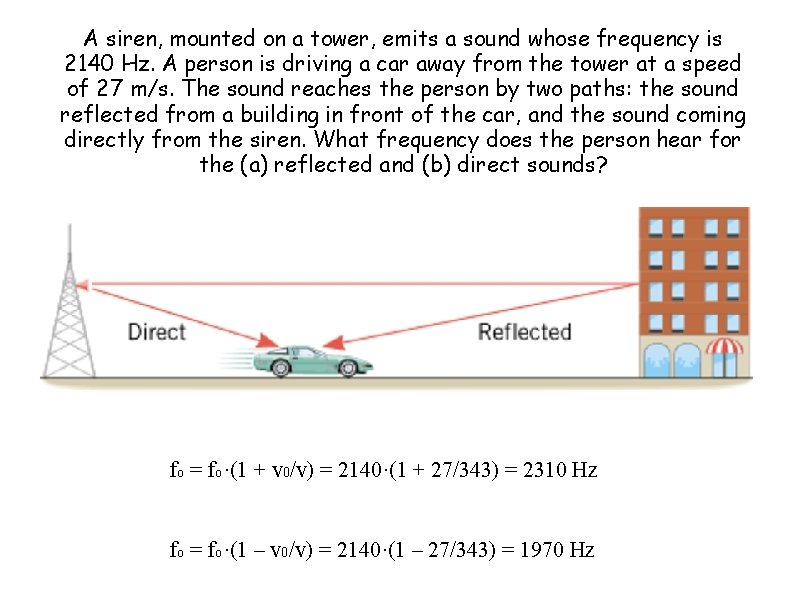 A siren, mounted on a tower, emits a sound whose frequency is 2140 Hz.