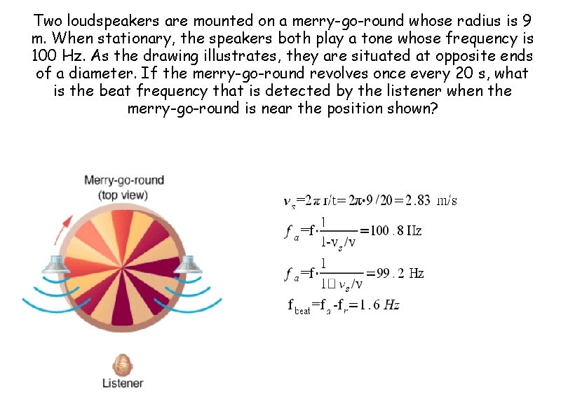 Two loudspeakers are mounted on a merry-go-round whose radius is 9 m. When stationary,