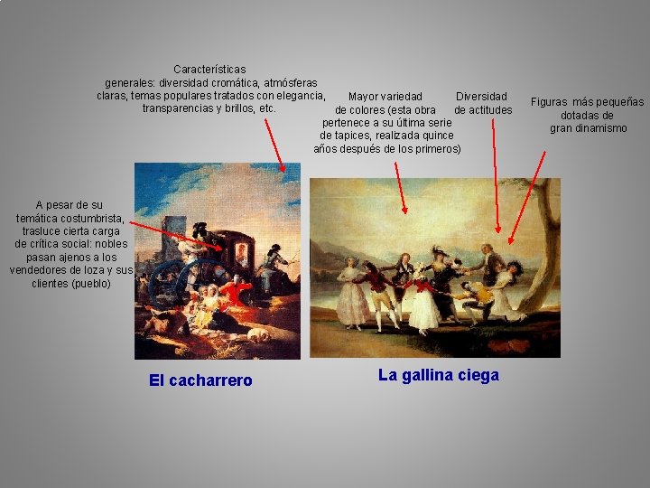 Características generales: diversidad cromática, atmósferas claras, temas populares tratados con elegancia, Mayor variedad Diversidad