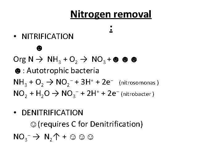 Nitrogen removal : • NITRIFICATION ☻ Org N → NH 3 + O 2