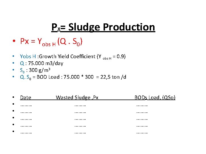 PX= Sludge Production • Px = Yobs H (Q. S 0) • • Yobs