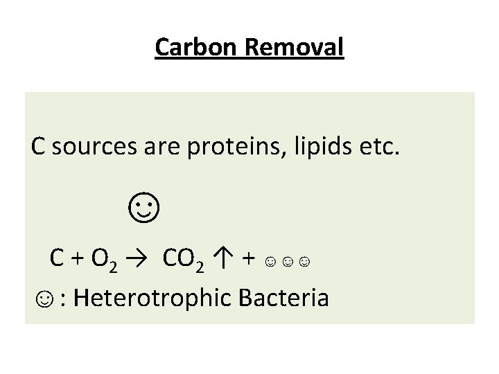 Carbon Removal C sources are proteins, lipids etc. ☺ C + O 2 →