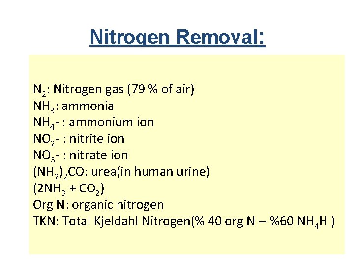 Nitrogen Removal: N 2: Nitrogen gas (79 % of air) NH 3: ammonia NH