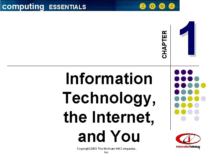 ESSENTIALS CHAPTER computing 1 Information Technology, the Internet, and You Copyright 2003 The Mc.