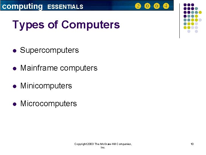 computing ESSENTIALS Types of Computers l Supercomputers l Mainframe computers l Minicomputers l Microcomputers