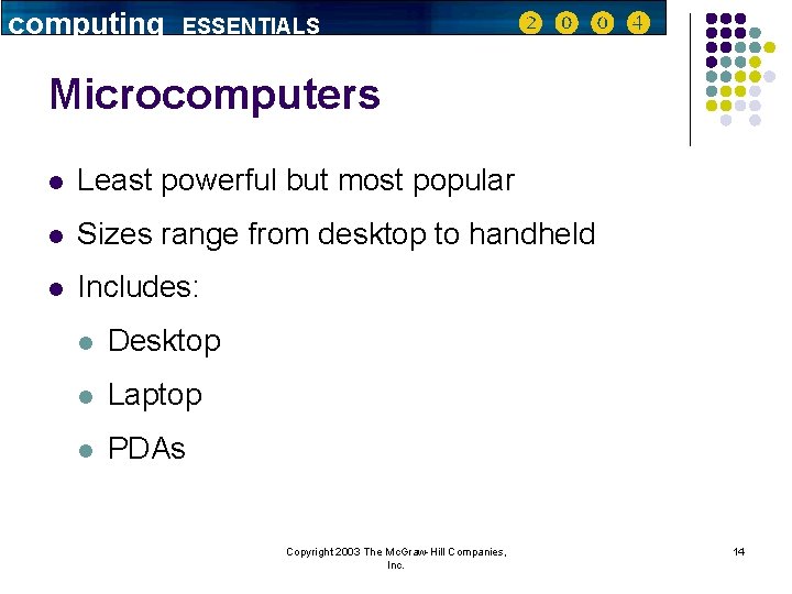 computing ESSENTIALS Microcomputers l Least powerful but most popular l Sizes range from desktop