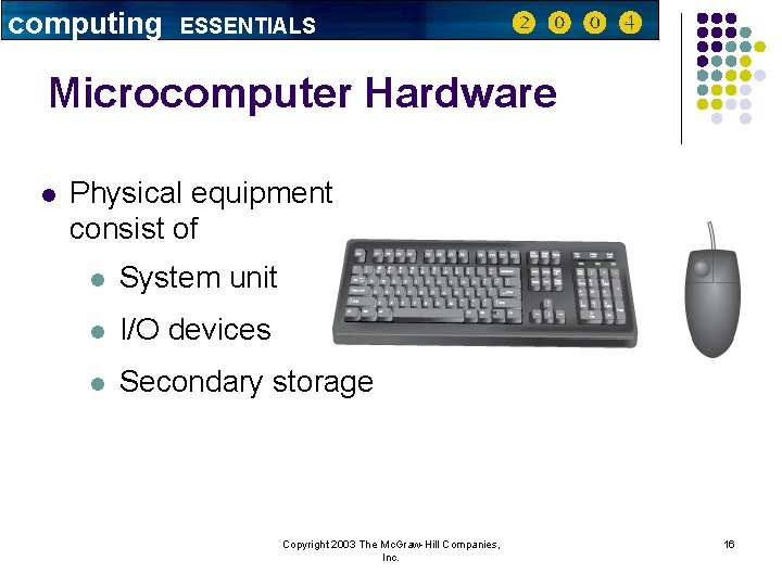 computing ESSENTIALS Microcomputer Hardware l Physical equipment consist of l System unit l I/O