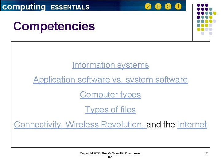 computing ESSENTIALS Competencies Information systems Application software vs. system software Computer types Types of