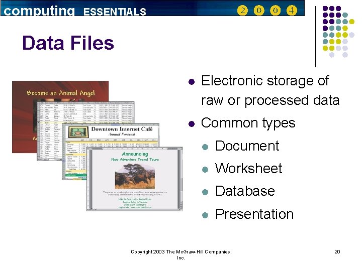 computing ESSENTIALS Data Files l Electronic storage of raw or processed data l Common