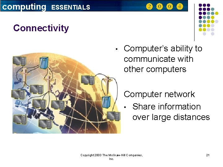 computing ESSENTIALS Connectivity • Computer’s ability to communicate with other computers • Computer network