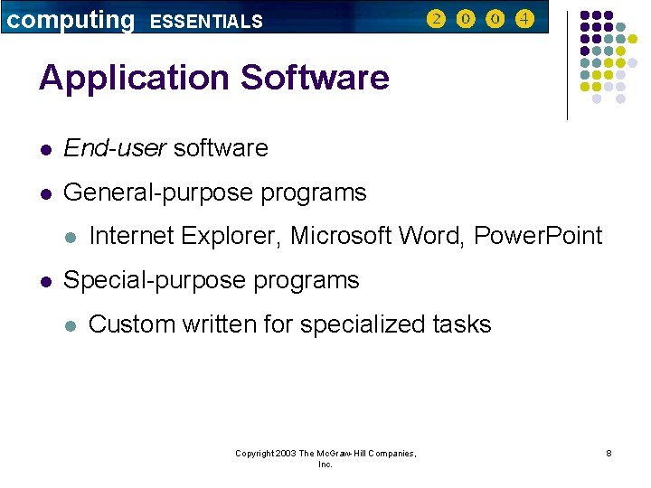 computing ESSENTIALS Application Software l End-user software l General-purpose programs l l Internet Explorer,