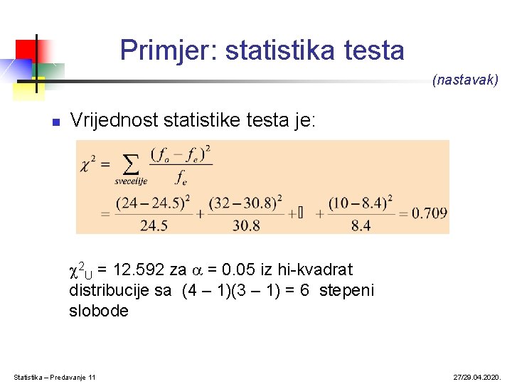 Primjer: statistika testa (nastavak) n Vrijednost statistike testa je: 2 U = 12. 592