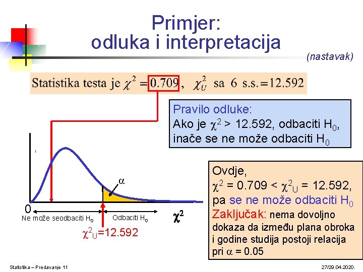 Primjer: odluka i interpretacija (nastavak) Pravilo odluke: Ako je 2 > 12. 592, odbaciti