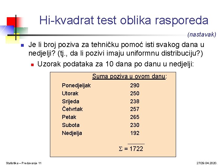 Hi-kvadrat test oblika rasporeda (nastavak) n Je li broj poziva za tehničku pomoć isti