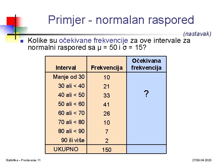 Primjer - normalan raspored (nastavak) n Kolike su očekivane frekvencije za ove intervale za