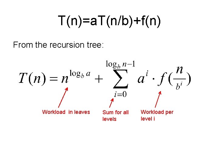 T(n)=a. T(n/b)+f(n) From the recursion tree: Workload in leaves Sum for all levels Workload