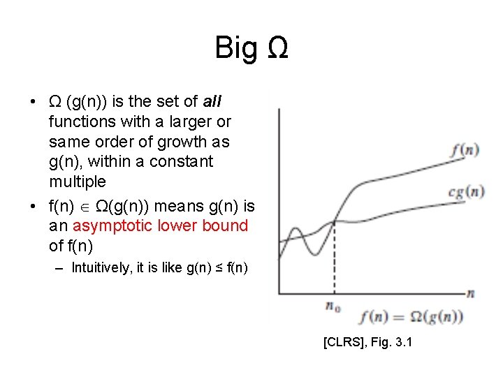 Big Ω • Ω (g(n)) is the set of all functions with a larger