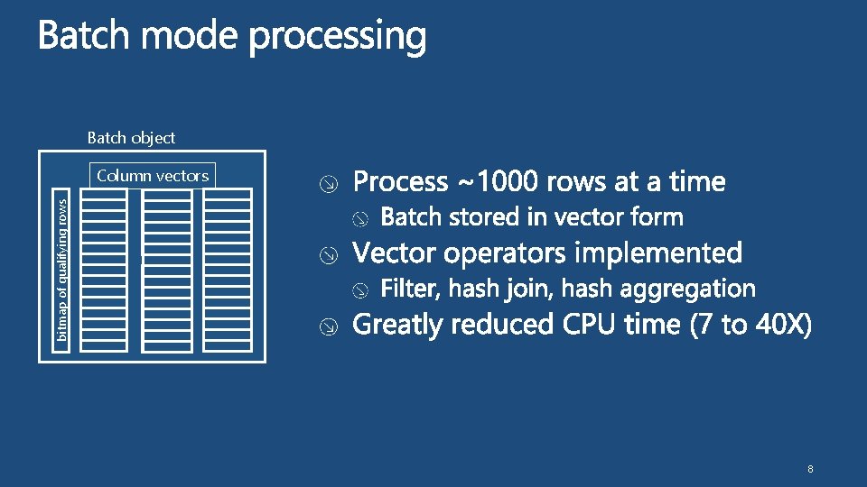 Batch object bitmap of qualifying rows Column vectors 8 