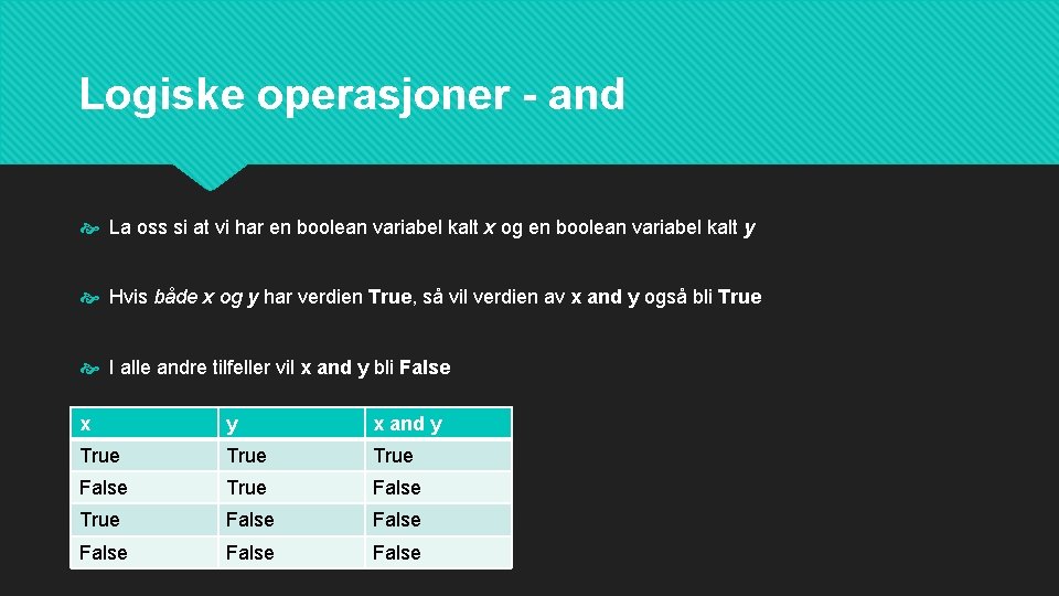 Logiske operasjoner - and La oss si at vi har en boolean variabel kalt