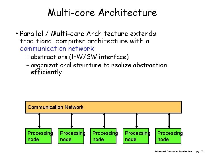 Multi-core Architecture • Parallel / Multi-core Architecture extends traditional computer architecture with a communication