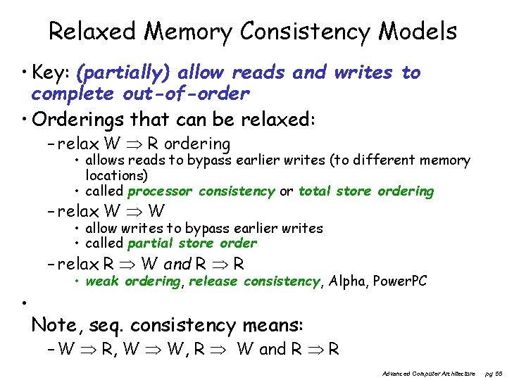 Relaxed Memory Consistency Models • Key: (partially) allow reads and writes to complete out-of-order