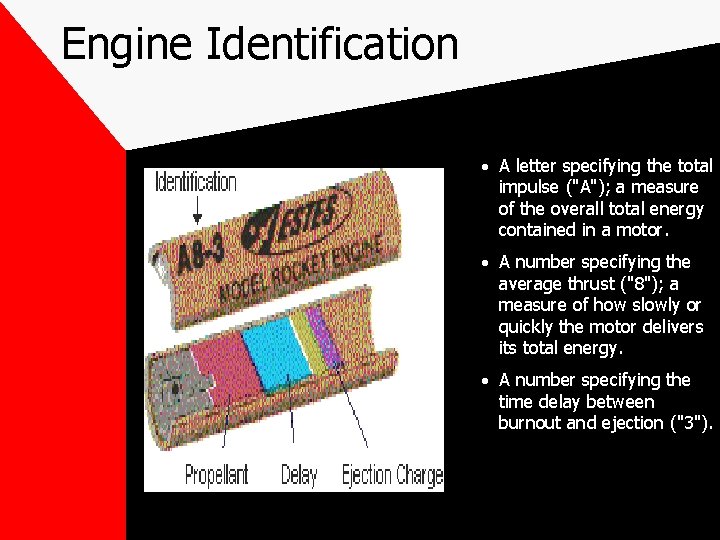 Engine Identification · A letter specifying the total impulse ("A"); a measure of the