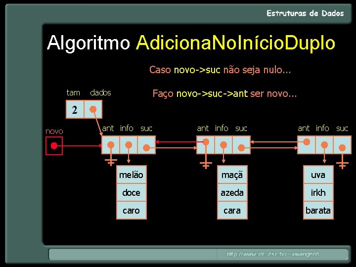 Algoritmo Adiciona. No. Início. Duplo Caso novo->suc não seja nulo. . . tam Faço